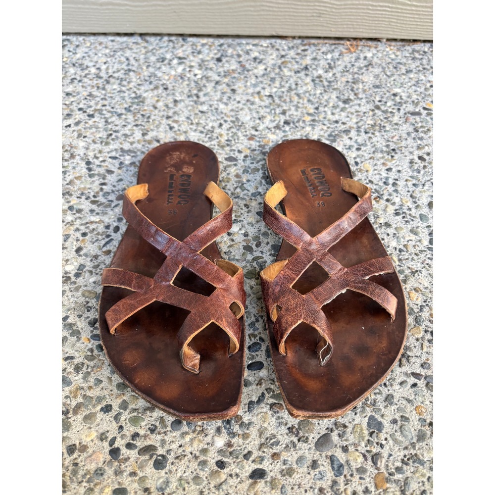 Cydwoq Brown Leather Strappy Toe Loop Sandals Handmade USA Women's 38 Flat - Picture 6 of 10